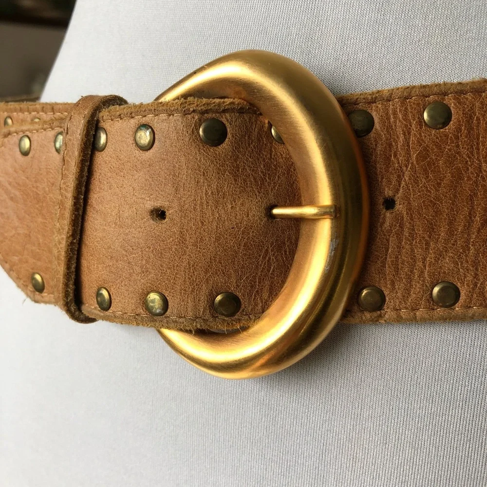 Studded Tan Leather Belt with Gold Buckle
